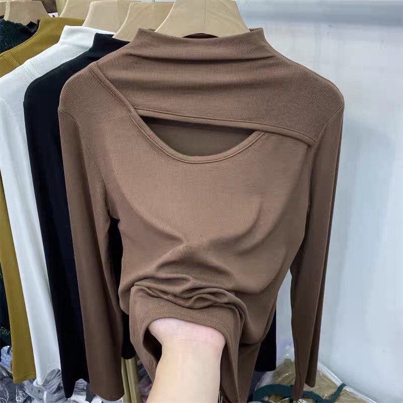 Áo thun nữ dài tay cổ cao khoét ngực trẻ trung thời trang hàng Quảng Châu Cao Cấp