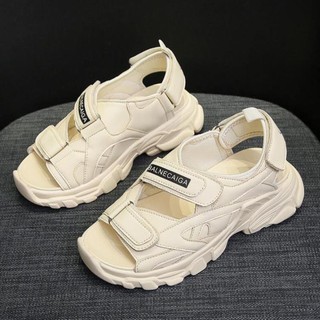 Giày sandal nữ / sandal học sinh / dép đế xuồng ba quai dán phối màu kem nhẹ