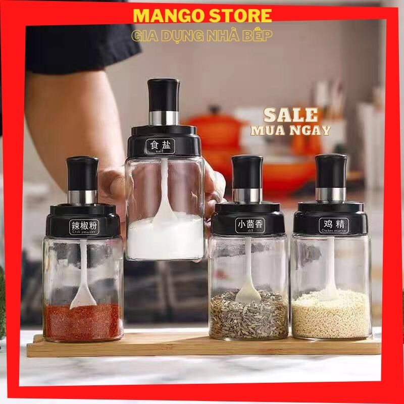 Lọ đựng gia vị hũ gia vị thủy tinh tiện dụng thông minh kèm thìa hàng chất lượng MANGO STORE