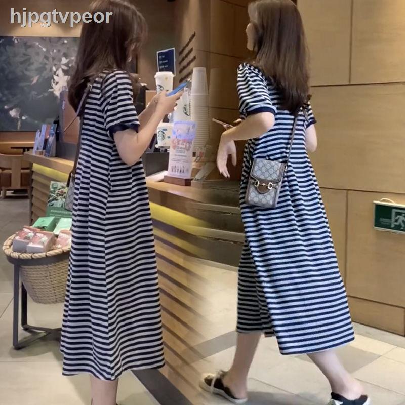 ∋☒> mặc mùa hè cho bà bầu cao cấp sọc T- áo sơ mi Hàng đầu Hàn Quốc Lười biếng Váy Kiểu phương Tây Hot Mom