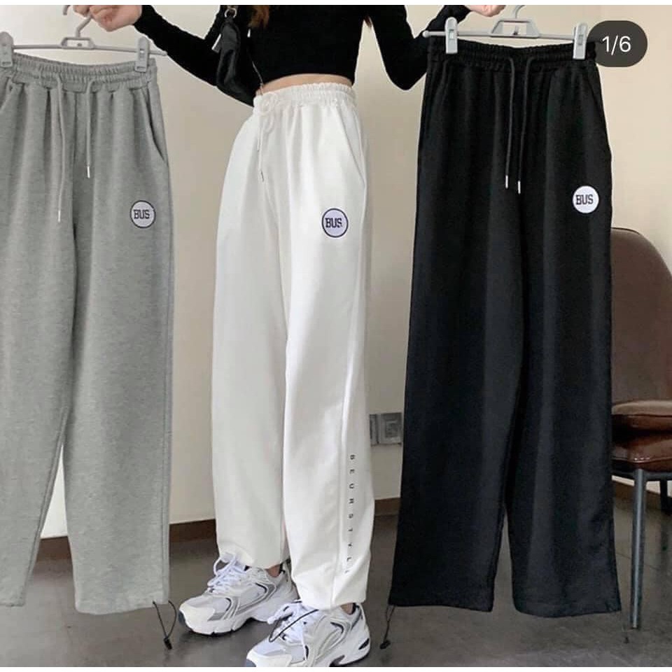 Quần Nỉ Da Cá BUS Unisex ♥ Jogger suông ống rộng rút dây thêu chữ màu ĐEN | TRẮNG | XÁM Ulzzang HOT ♥