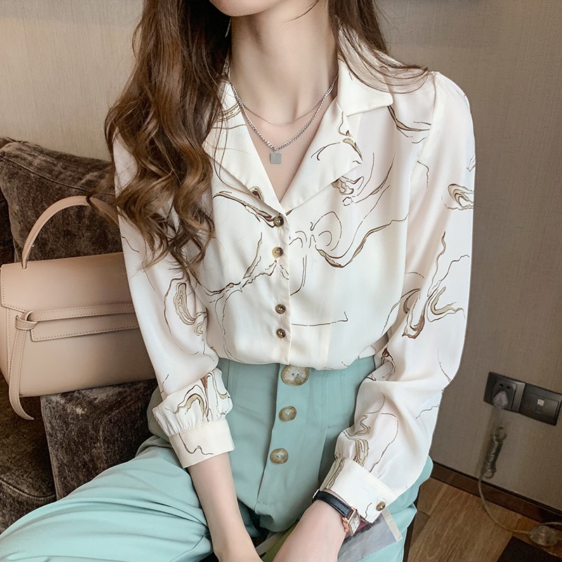 KOREAN STYLE OFF WHITE Áo Sơ Mi Voan Dài Tay Phong Cách Hàn Quốc Thanh Lịch Dành Cho Nữ