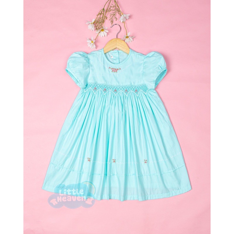 Đầm móc xích xanh mint thêu hoa hồng nhí bé gái / Mint smocked dress with rosebuds for baby girl - CT0102