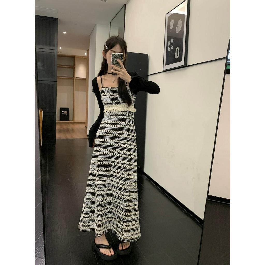 Porozi Set Đầm Hai Dây Dệt Kim Kẻ Sọc Phối Tua Rua + Áo Khoác Cardigan Dài Tay Thời Trang Nữ Retro