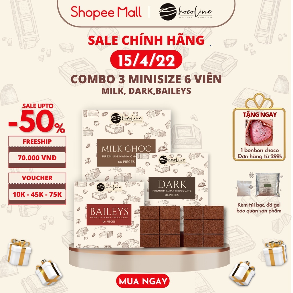 Socola Tươi Nama Nguyên Chất Chocoline Vị Dark, Milk, Baileys- Combo 3 hộp 6V (120 Gram)