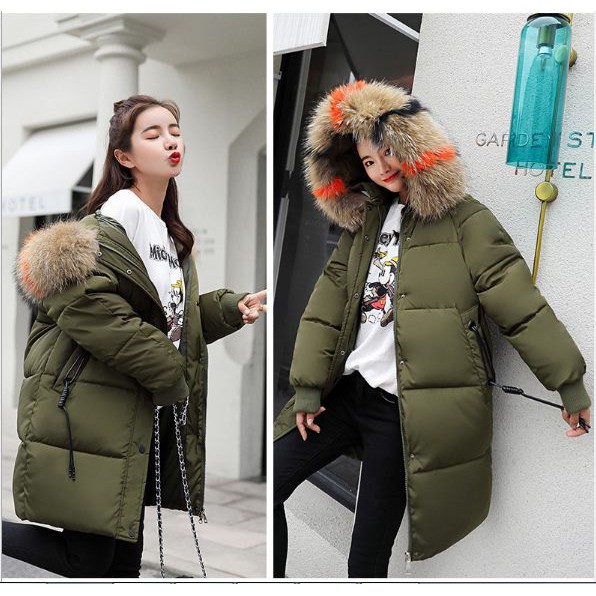 Áo phao nữ dáng dài mũ lông thời trang