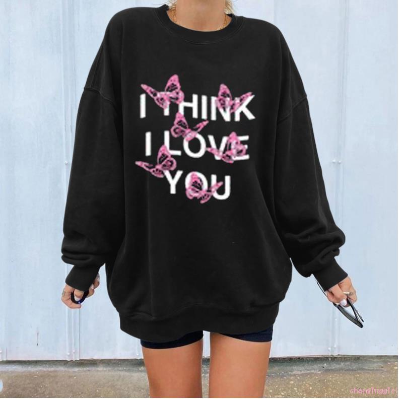Áo Sweater Tay Dài Cổ Tròn Dáng Rộng In Chữ Và Bướm Thời Trang Mùa Đông Cho Nữ