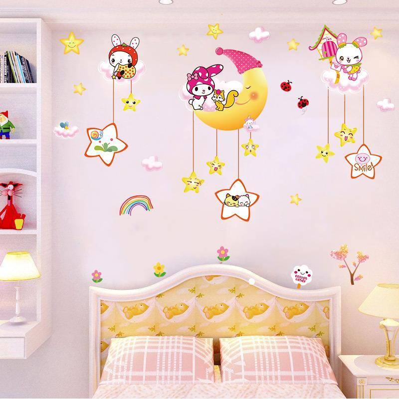 Cô gái công chúa hình nền phòng tự dính hình nền ấm áp phòng ngủ sticker phim hoạt hình trẻ em dán tường trang trí hoa văn nhỏ