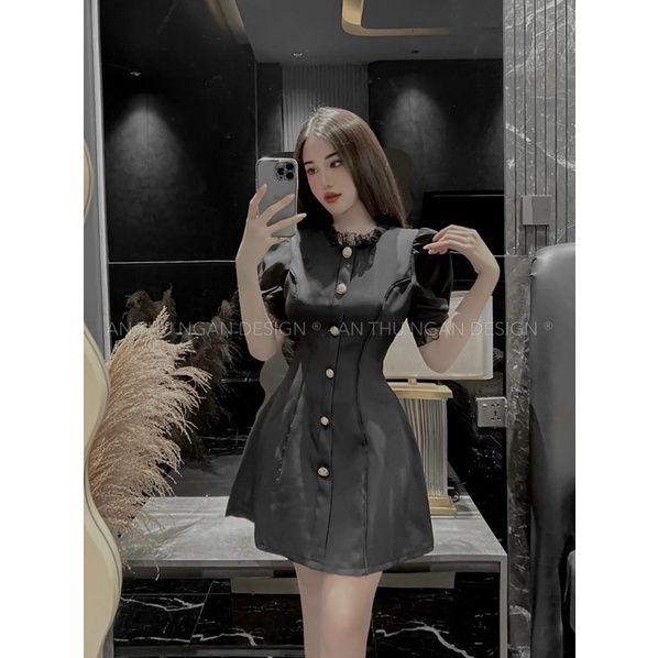 Đầm thời trang nữ mặc đi chơi chất cotton lạnh cổ ren tay búp có đính nút ở giữa váy