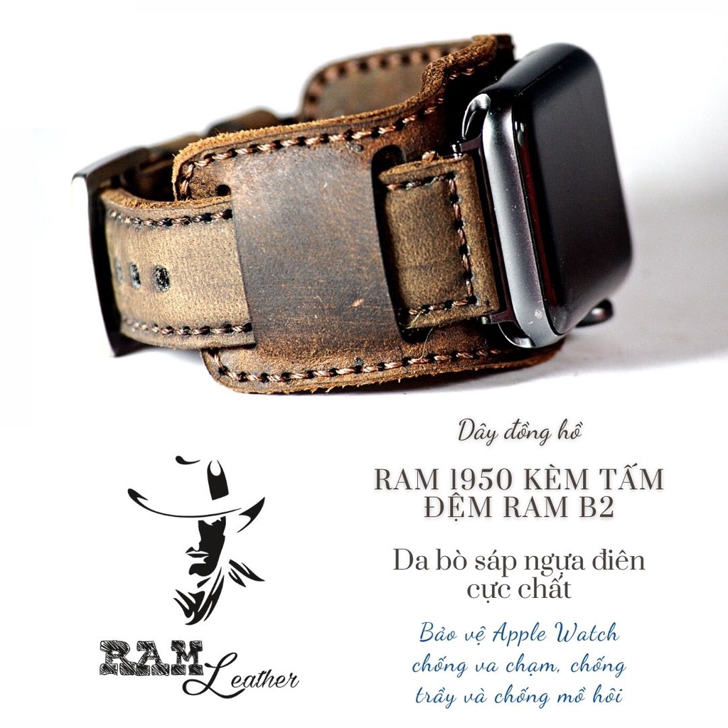 Dây Apple Watch , iWatch , iphone Watch da bò nâu đất kèm tấm đệm chống mồ hôi RAM Leather Bundstrap b2 kiểu quân đội