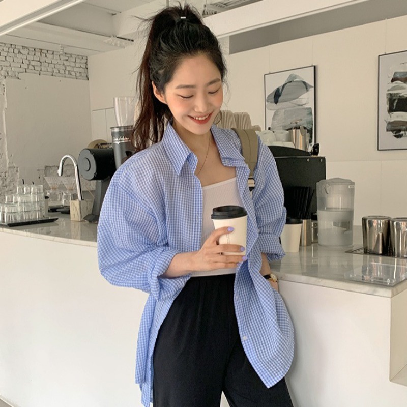 Áo sơ mi XIAOZHAINV cho nữ dáng rộng họa tiết caro phong cách Hàn Quốc