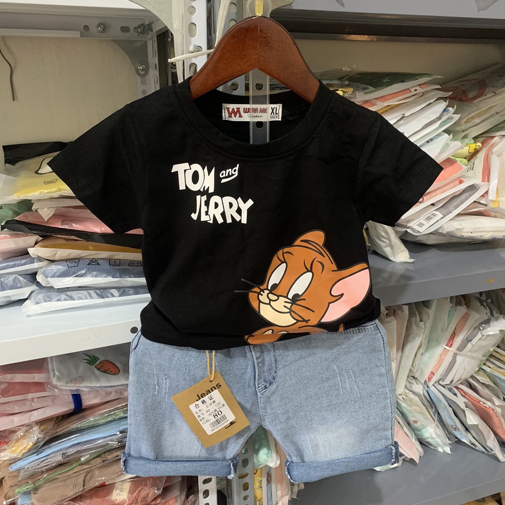 Bộ quần áo cho bé trai cộc tay - Set quần jeans áo thun cộc tay cho bé hàng Quảng Châu cao cấp