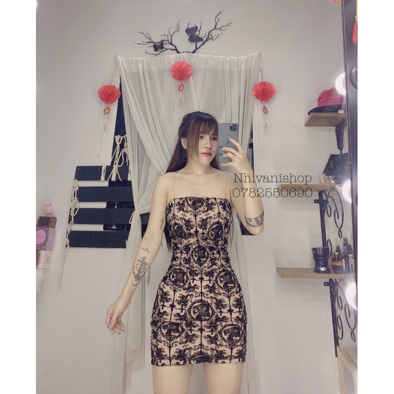 đầm hai dây phối lưới cọng bún sexy