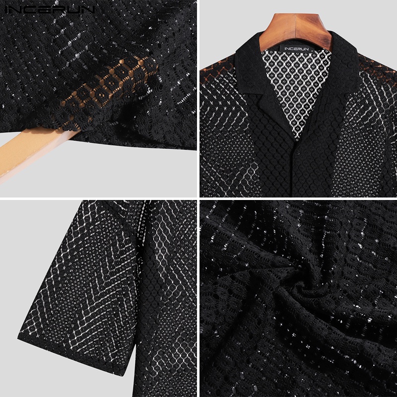 Áo sơ mi Incerun tay ngắn dáng rộng xuyên thấu cài nút kiểu Nhật Bản cá tính cho nam