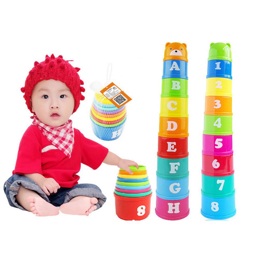 Set 9 đồ chơi lý xây dựng tháp in chữ số nhiều màu cho trẻ từ 6 tháng tuổi
