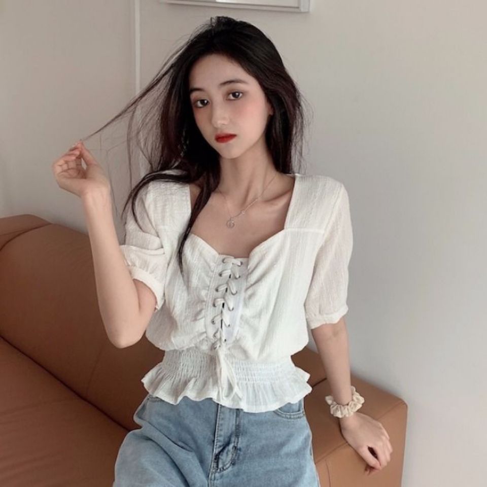 Áo chiffon Cổ Vuông Tay Ngắn Dáng Rộng Phối Ren Thời Trang Cho Nữ