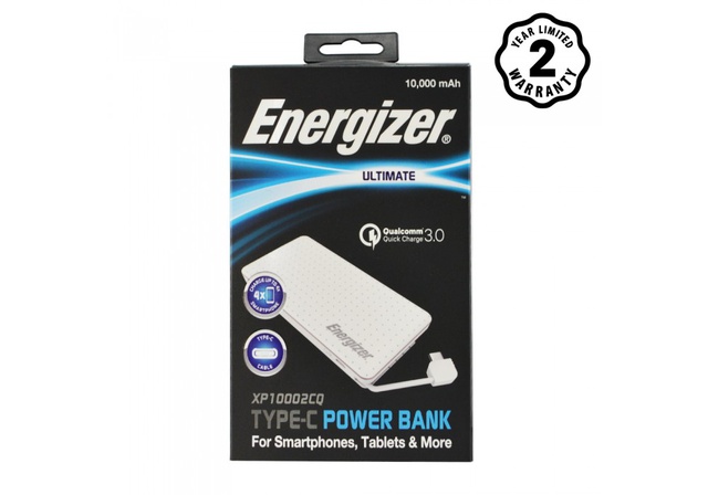 Pin sạc dự phòng Energizer 10,000mAh Quick Charge 3.0 XP10002CQ tích hợp cáp USB-C, thiết kế thanh lịch