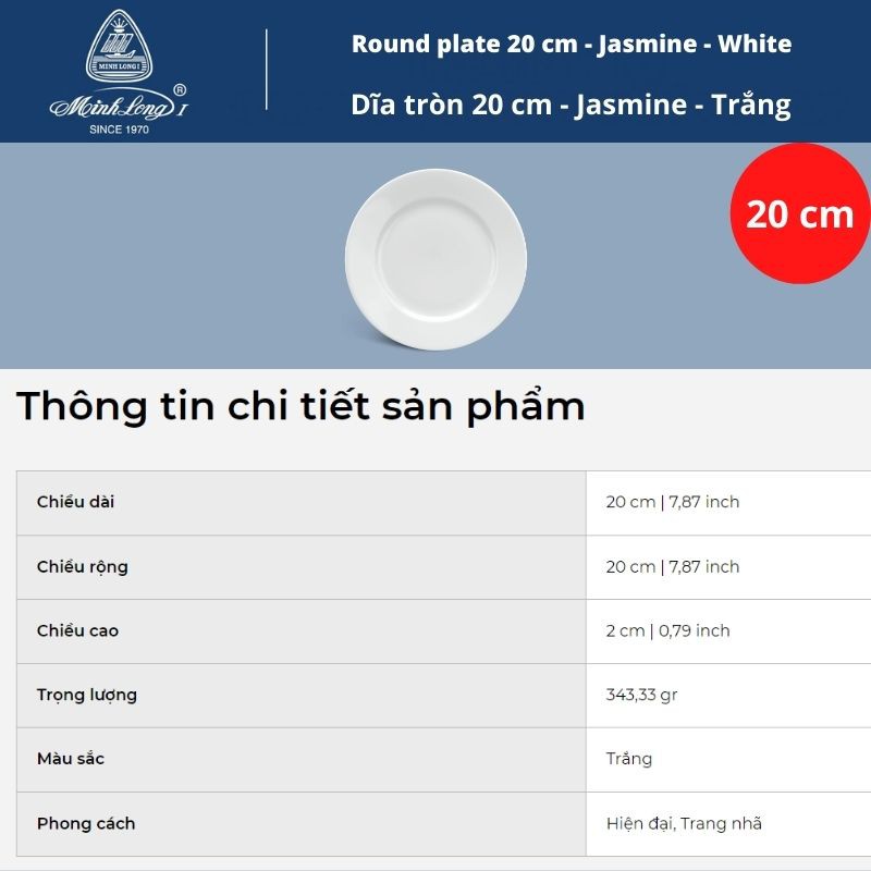 Đĩa Sứ Trắng Tròn 20cm Minh Long I - Dòng Jasmine