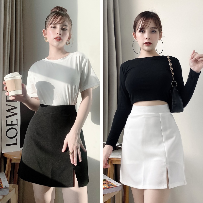 Chân váy ngắn chữ A lưng cao phong cách công sở xẻ 1 bên sang trọng vô cùng tôn dáng Mely Fashion CV04