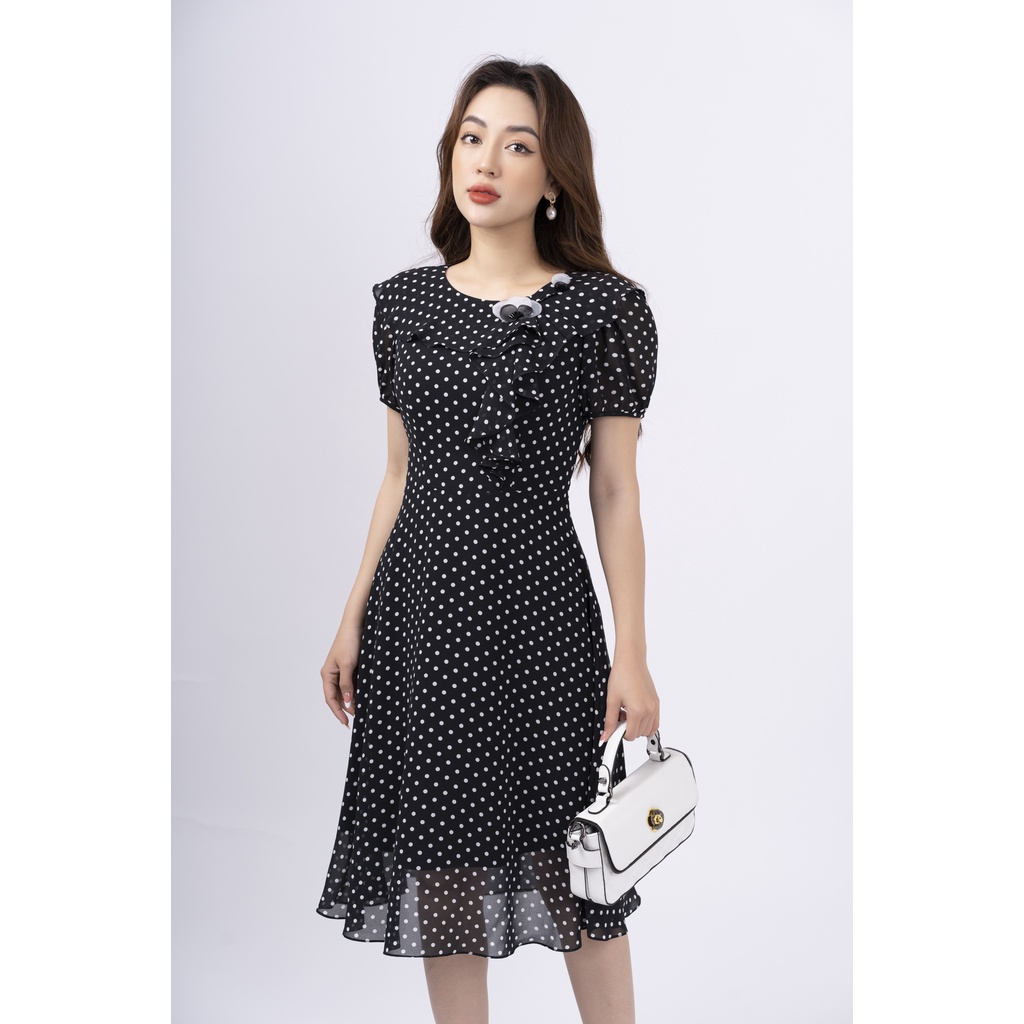 Đầm thiết kế cao cấp FIONA váy công sở nữ họa tiết hoa nhí cổ tròn bèo rủ 1 bên đính hoa trang trí F452240