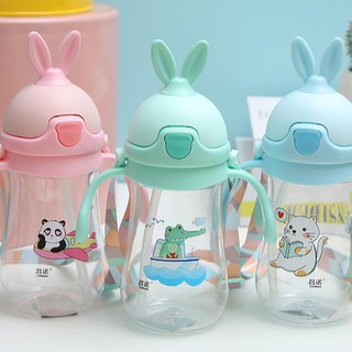 [TẶNG KÈM DÂY ĐEO] Bình nước cho bé tập uống 280ml hình tai thỏ đáng yêu bằng nhựa PP chịu nhiệt tốt an toàn cho bé yêu