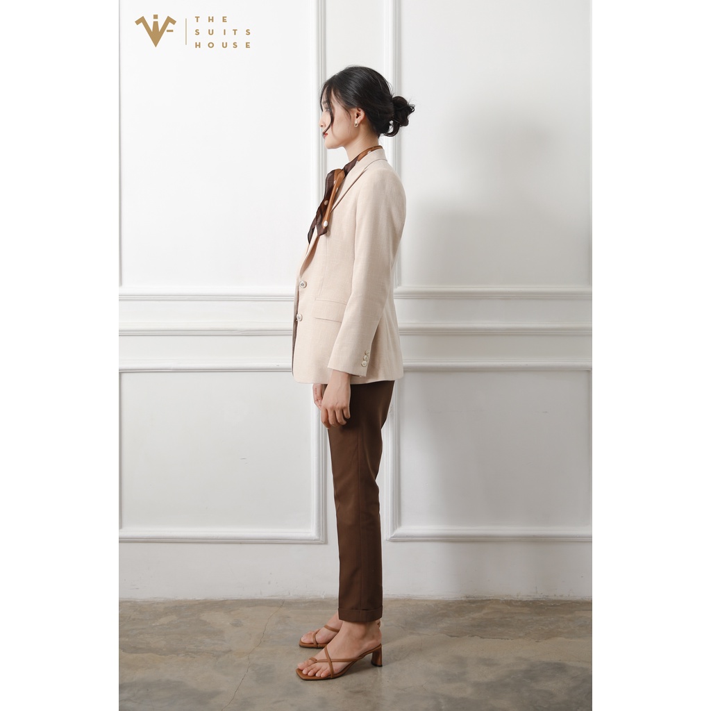 Bộ vest nữ cam nhạt phối nâu đậm, suits sartorial chất linen The Suits House