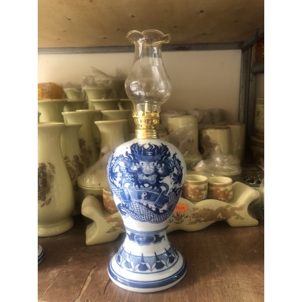 Đèn Dầu Thờ Men Lam Vẽ Rồng Bát Tràng