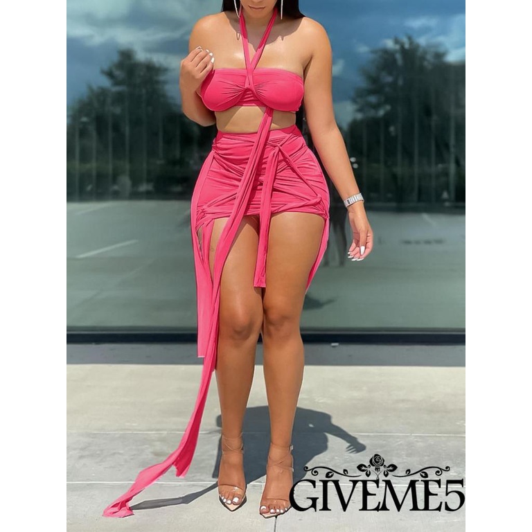 Set Đồ 2 Món Gồm Áo Lửng Hai Dây Màu Trơn Và Chân Váy Ngắn Lưng Cao Thắt Dây Thiết Kế Độc Đáo Cho Nữ