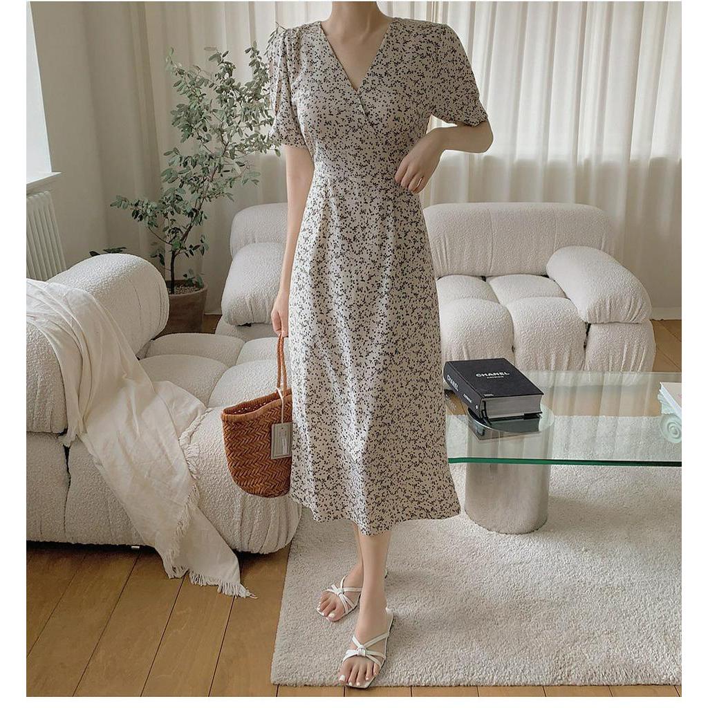 Đầm Voan Hoa Cổ V Thắt Dây Eo Thời Trang Quý Phái 63239