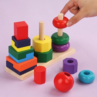 Tháp thả hình khối 3 cọc bằng gỗ montessori đồ chơi thông minh cho bé