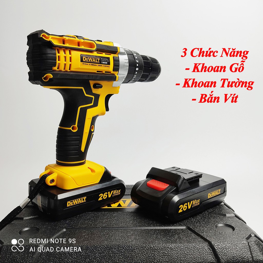 Máy khoan pin Dewalt 26V - 3 CHỨC NĂNG: Khoan tường, săt, gỗ - Bắt vít - Bắn tôn - Tặng kèm Bộ phụ kiện 25 chi tiết