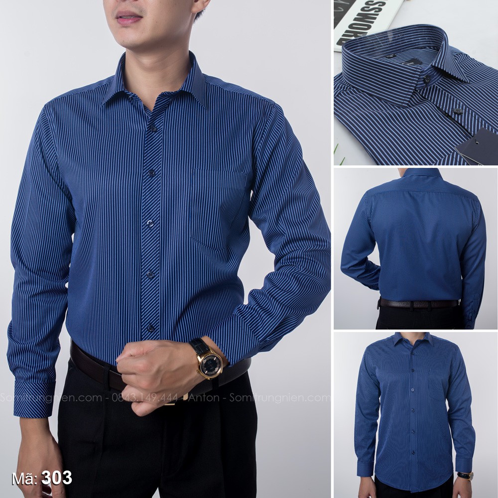 [HÀNG VIỆT NAM] Áo Sơ Mi Nam Công Sở Trung Niên Thương Hiệu Anton Dài Tay Vải Cotton Kẻ Sọc Dọc Màu Xanh Tím Than - 303 | BigBuy360 - bigbuy360.vn