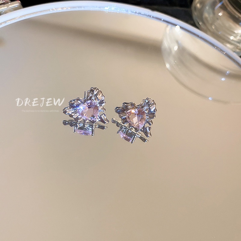 DREJEW Khuyên tai mạ bạc đính đá zircon trái tim tua rua phong cách baroque Hàn Quốc