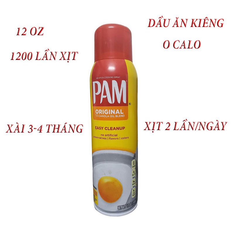 Dầu ăn kiêng dạng xịt PAM 12oz 1200 lần xịt chính hãng Mỹ giảm cân ăn kiêng.