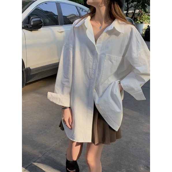 Áo sơ mi nữ trắng có túi đuôi tôm PIKA.CLOTHINGG dài tay dáng rộng, áo sơ mi trắng nữ from tộng không lộ chất thô mềmmát