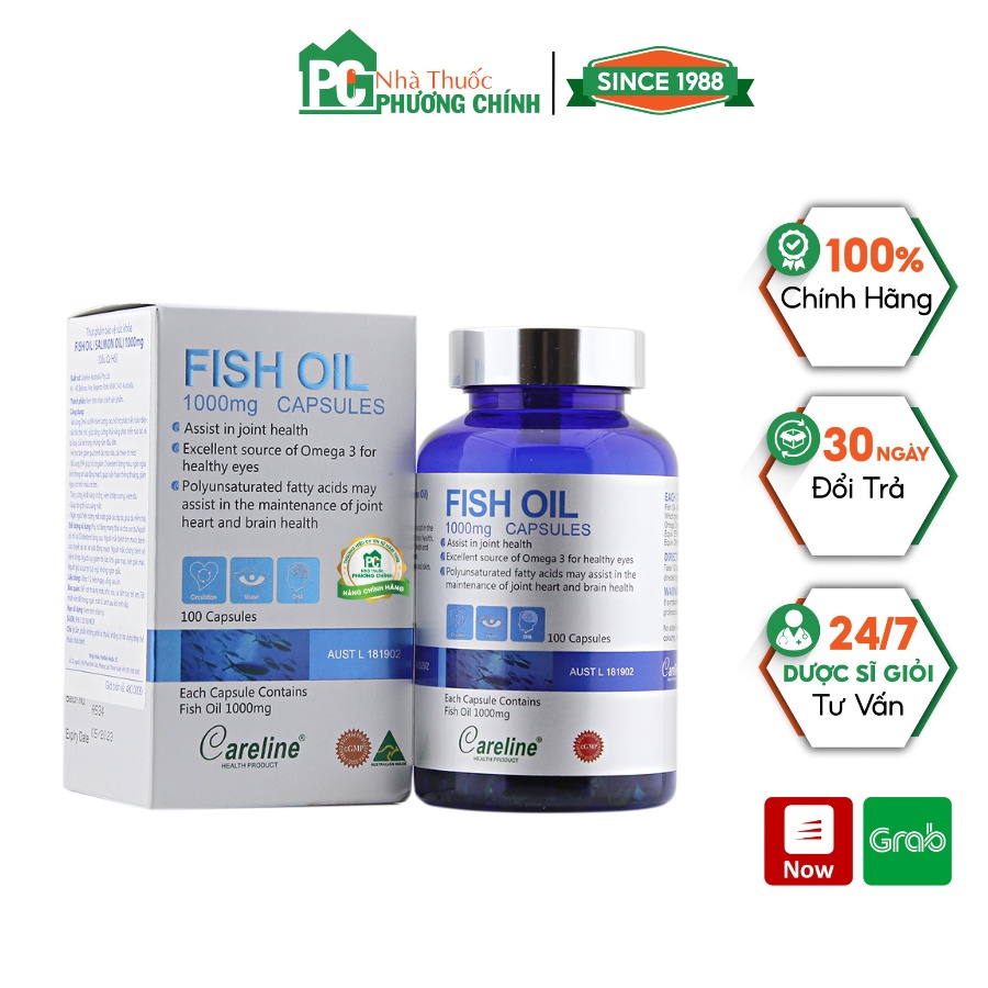 Dầu Cá CareLine Fish Oil 1000mg - Bổ Sung Dầu Cá Tự Nhiên, DHA, Cải Thiện Trí Nhớ, Sáng Mắt (Hộp 100 Viên)