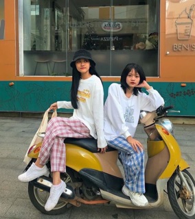 Quần kẻ cạp cao dáng dài HSU1