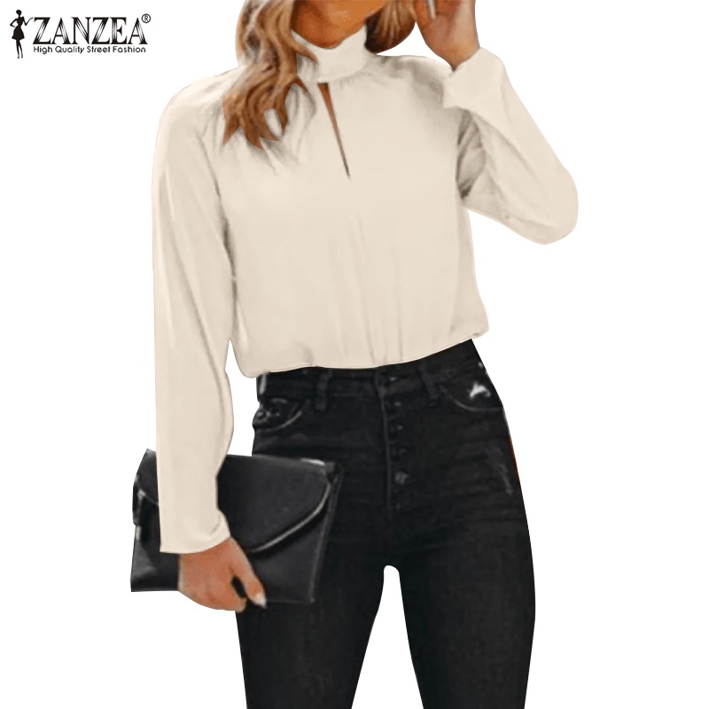 Áo kiểu ZANZEA tay phồng cổ đứng màu trơn thời trang cho nữ