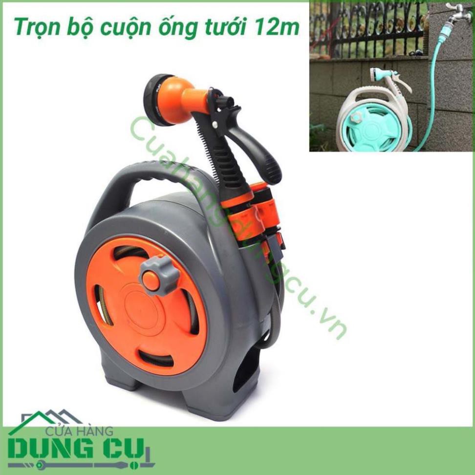 Bộ vòi rửa xe, tưới cây thu cuộn dây ống dài 12m Ống nước siêu bền, không gập, không xoắn, chịu áp lực cao