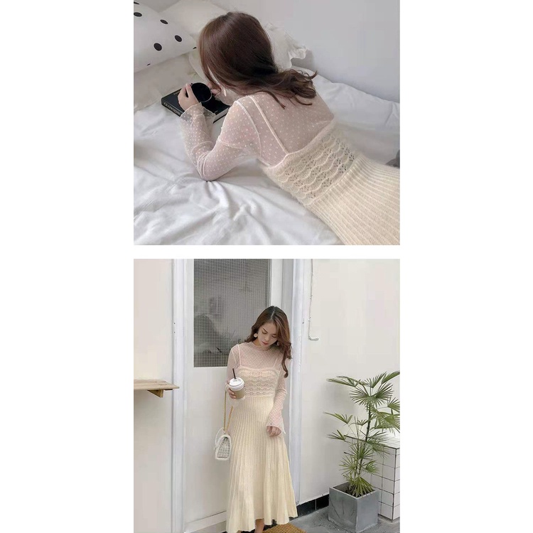 Áo Tay Dài Phối Ren Lưới Xuyên Thấu Thoáng Khí Họa Tiết Chấm Bi Gợi Cảm Cho Nữ
