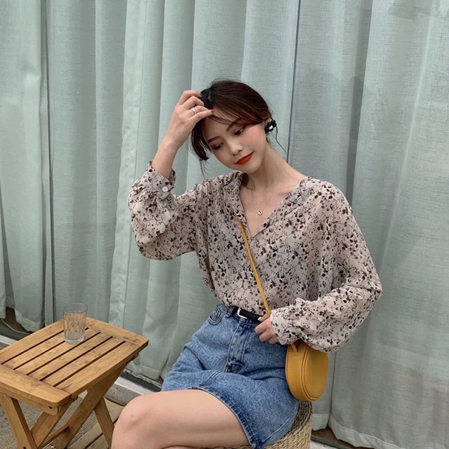 Sơ mi Hàn Quốc chấm bi hoa nhí xinh xinh