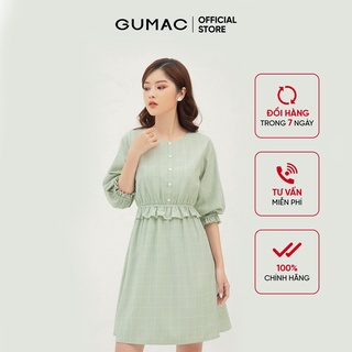 Đầm xòe nữ caro eo chun GUMAC màu xanh, đủ size DB373