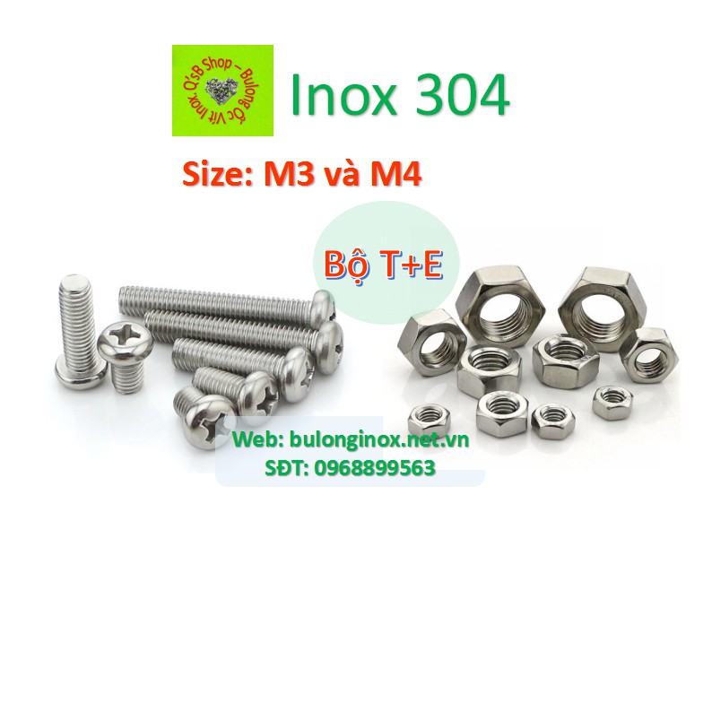 Vít pake đầu tròn inox size M3 và M4 (bộ T+ Ecu), ốc 4 cạnh đầu  cầu inox, ốc vặn tua vít đầu tròn thân bulong, inox 304