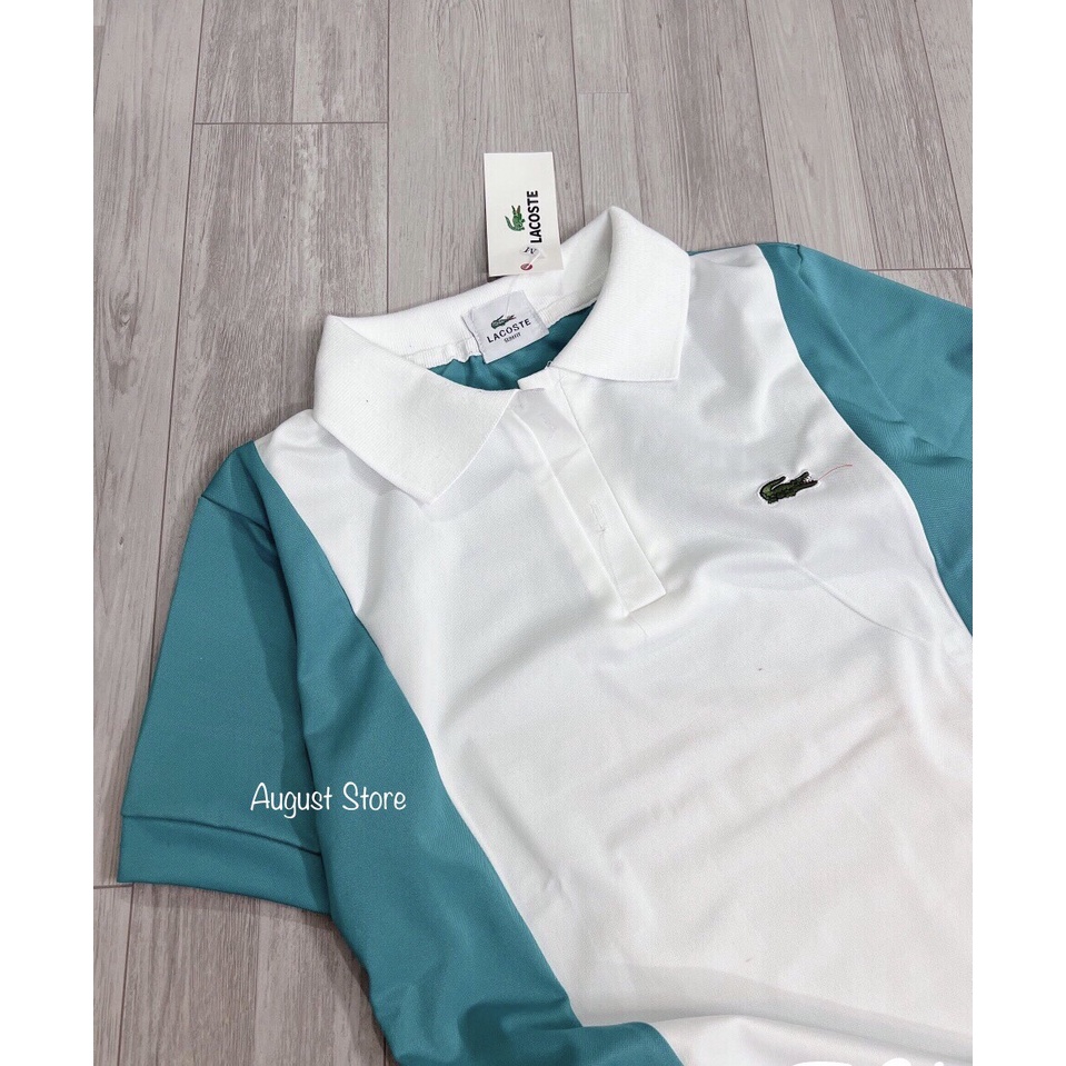 Áo thun polo Lacoste trắng kẻ xanh unisex nam nữ chất cotton cá sấu đẹp