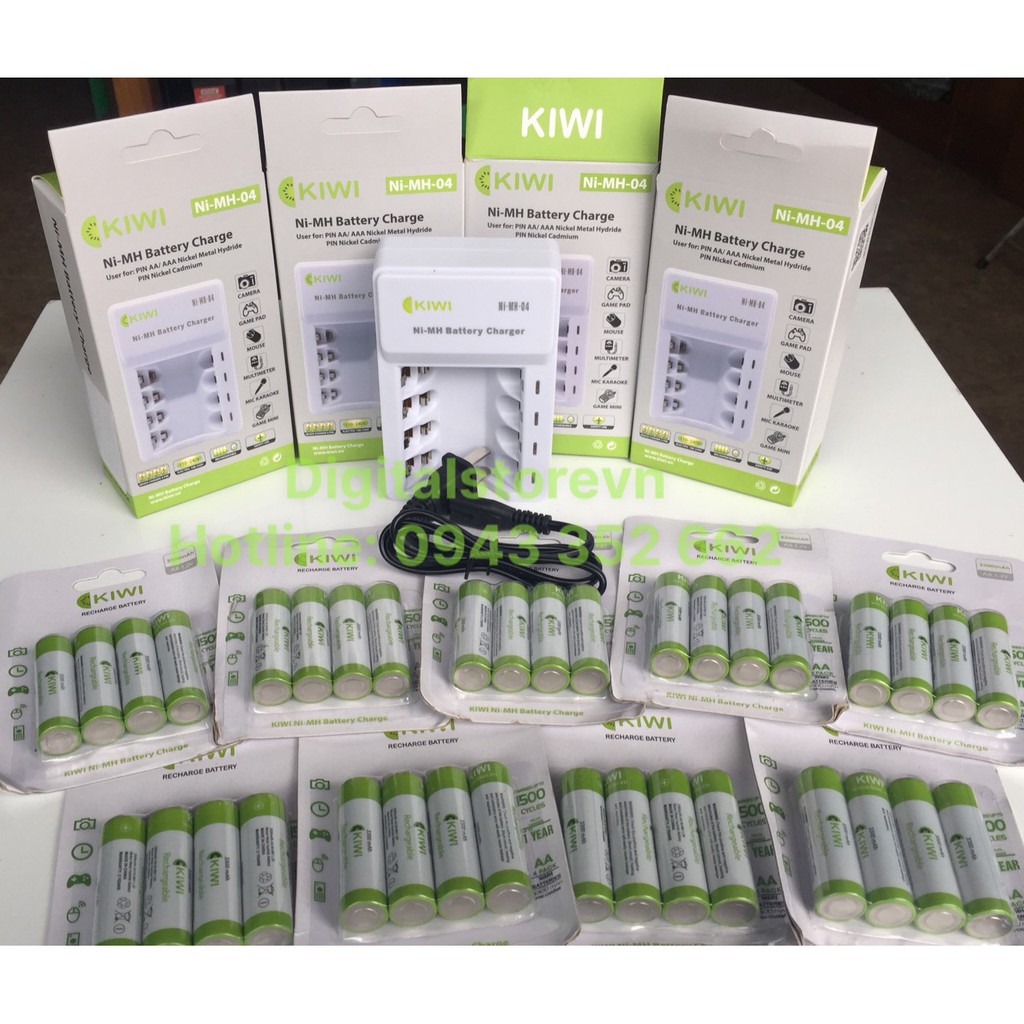 COMBO PIN SẠC KIWI VÀ DOCK SẠC KIWI 3300mAh . Bộ sạc pin kèm 4 viên pin sạc 3300 mAh