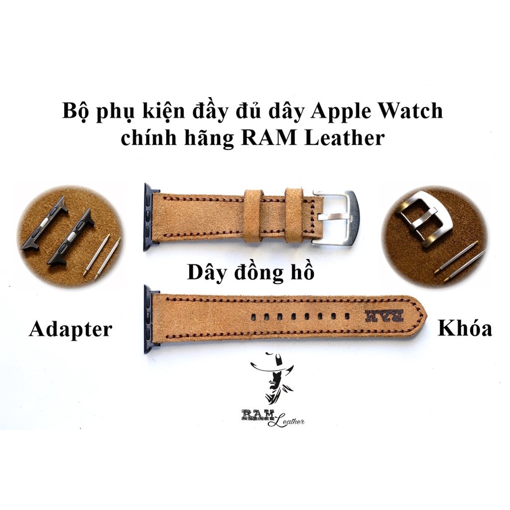 Dây apple watch da bò thật double straps handmade bền chắc cực đẹp cao cấp RAM Leather - tặng khóa chốt và adapter