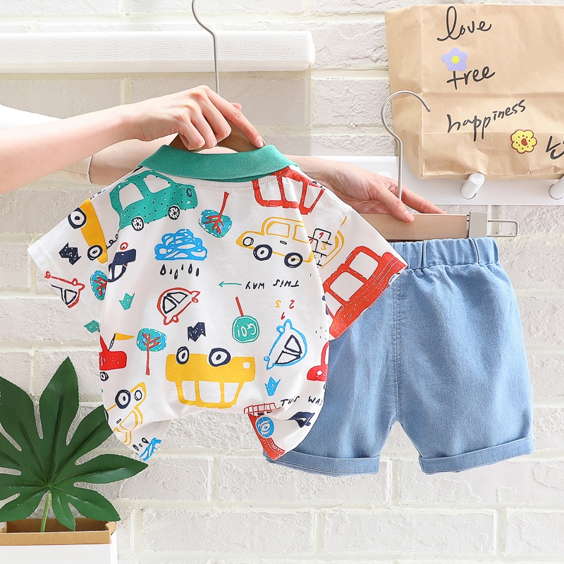Set Đồ Mùa Hè 2 Món Gồm Áo Thun In Hình Xe Hơi Hoạt Hình Và Quần Ngắn Thời Trang Cho Bé Trai Và Gái