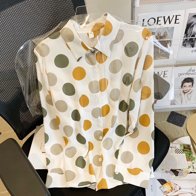 Áo Sơ Mi Tay Dài Họa Tiết Chấm Bi Phong Cách Hàn Quốc Thời Trang Cho Nữ