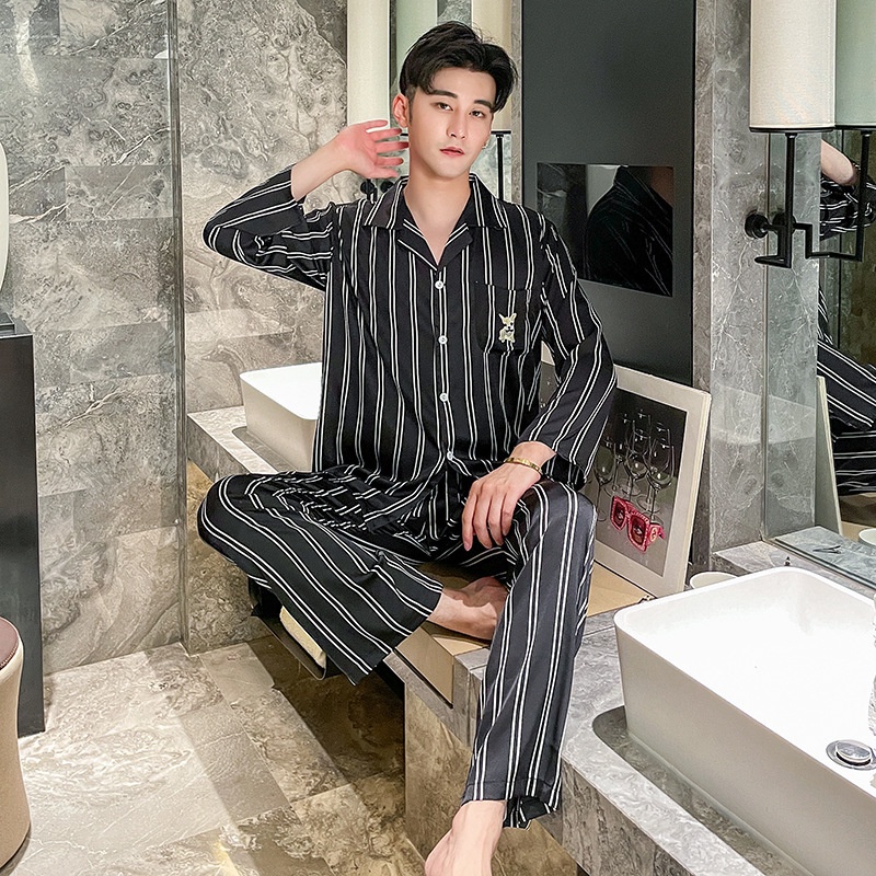 Bộ đồ ngủ dài tay giả lụa lạnh họa tiết kẻ sọc thiết kế độc đáo thời trang xuân thu cho cặp đôi