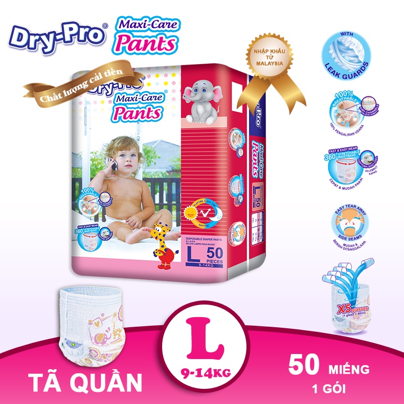 Tã/bỉm quần Dry-Pro siêu thấm hút nhập khẩu Malaysia size L50 (9kg - 14kg) - Gói 50 miếng